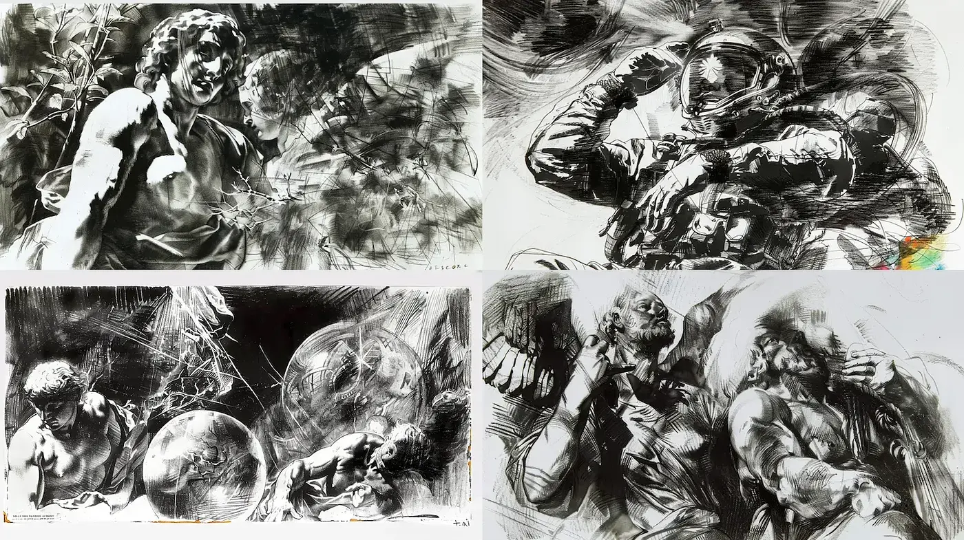 Dynamic and Bold Black and White Illustrations with a Dramatic Flair - Midjourney sref style