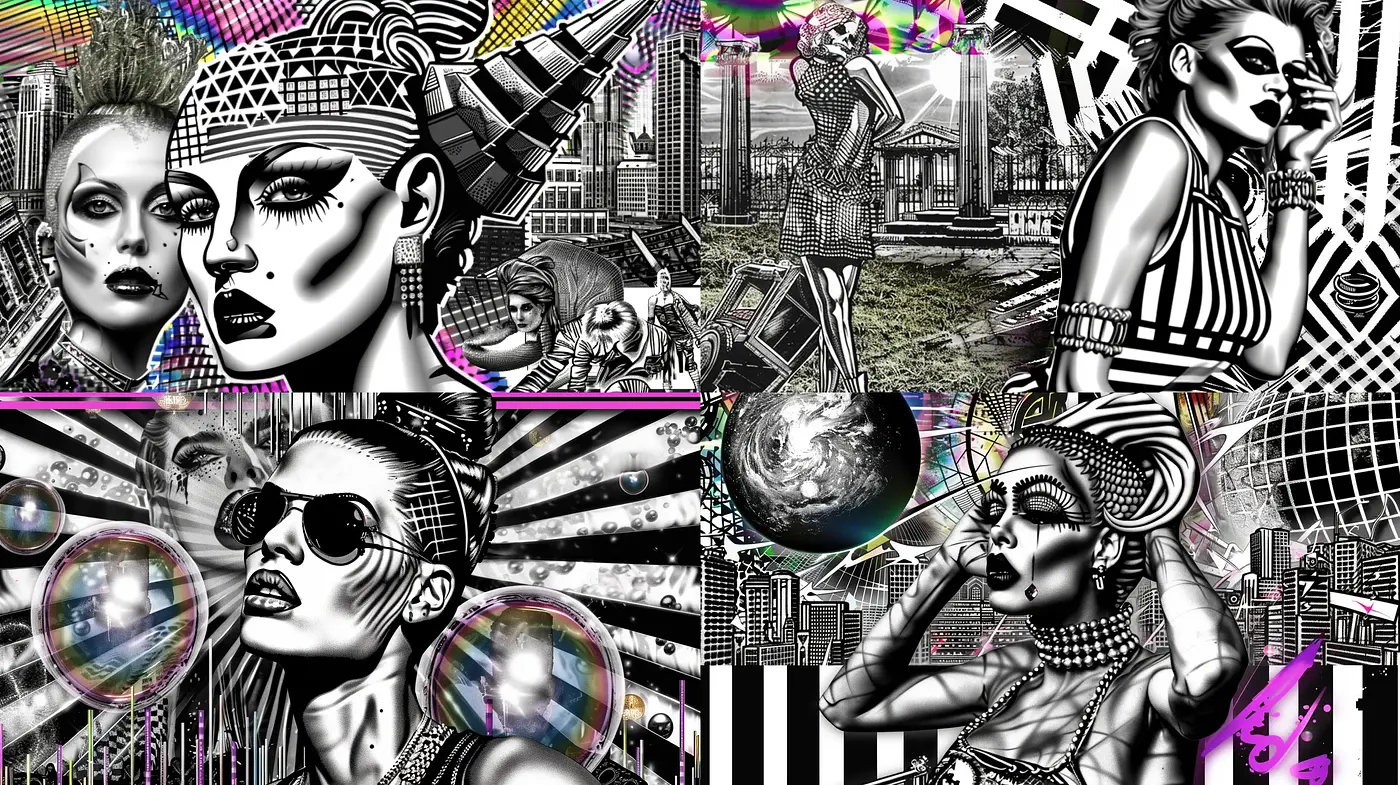 Futuristic Monochromatic Mosaic with Cyberpunk Motifs - Midjourney sref style