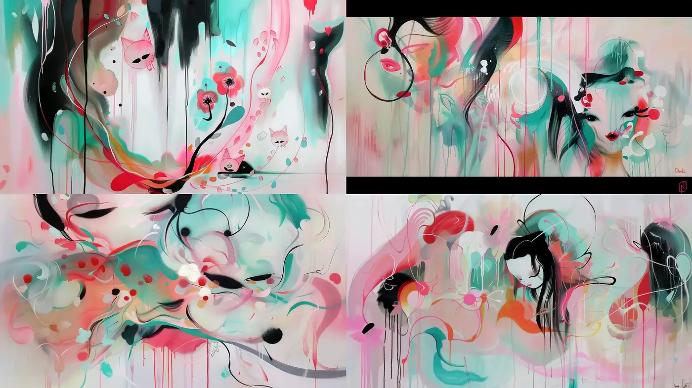 Whimsical Brushstrokes: A Fusion of Abstract Expressions and Fluid Forms - Midjourney sref style
