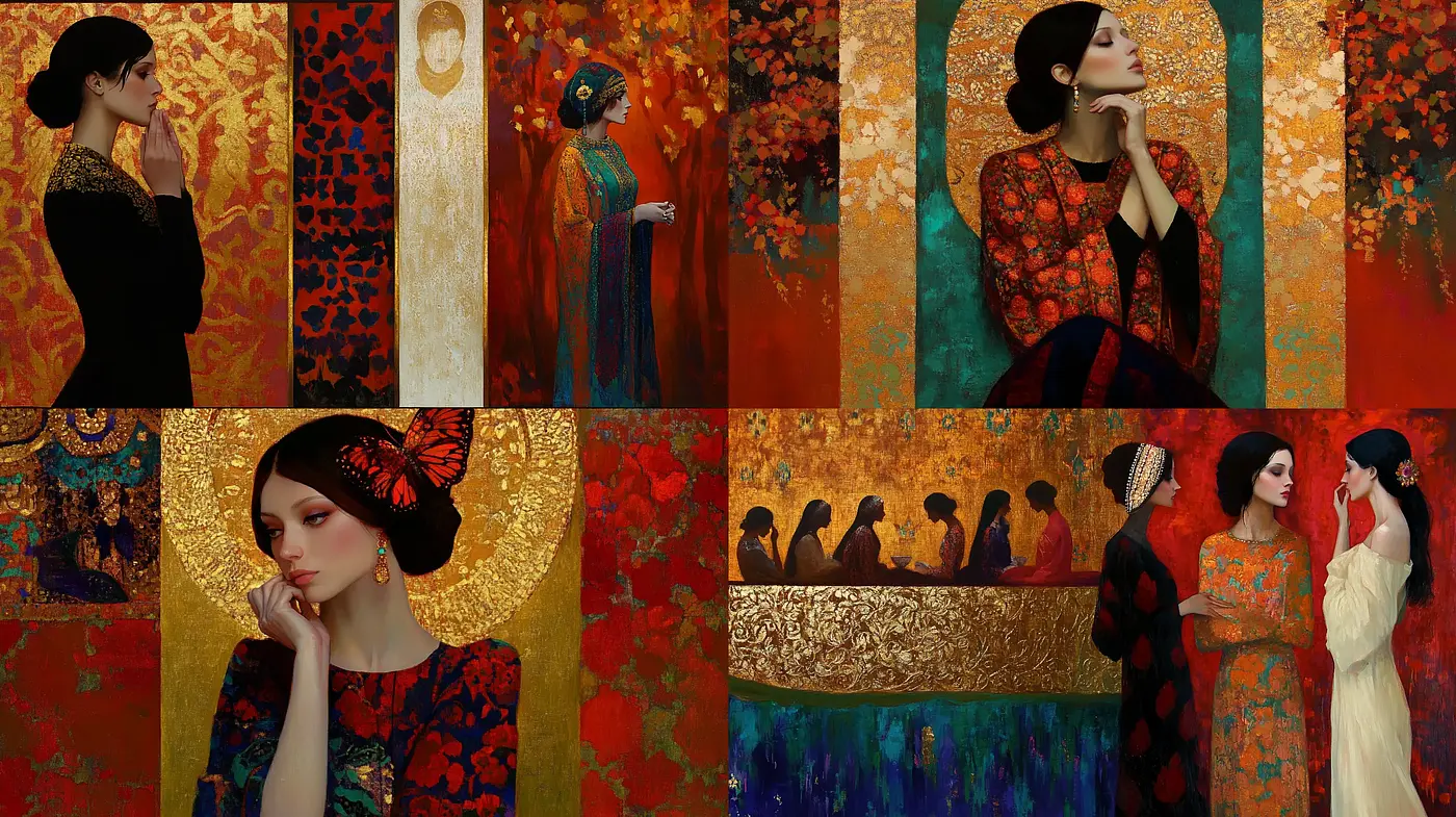 Ethereal Elegance in Golden Hues: A Fusion of Byzantine Mosaics and Art Nouveau Flourishes - Midjourney sref style