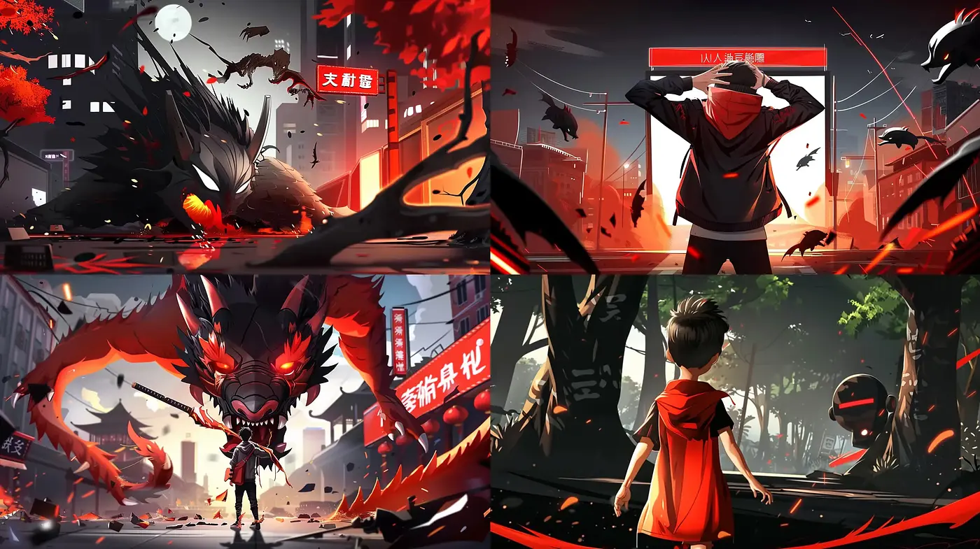 Dramatic Cinematic Encounter with a Mythical Beast in a Dystopian Urban Setting - Midjourney sref style