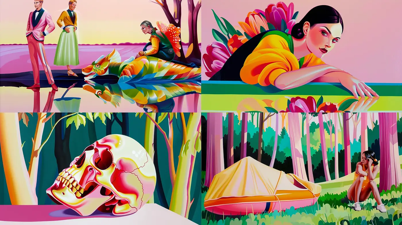 Vibrantly Lush Pop Art Panorama with Surreal Overtones - Midjourney sref style