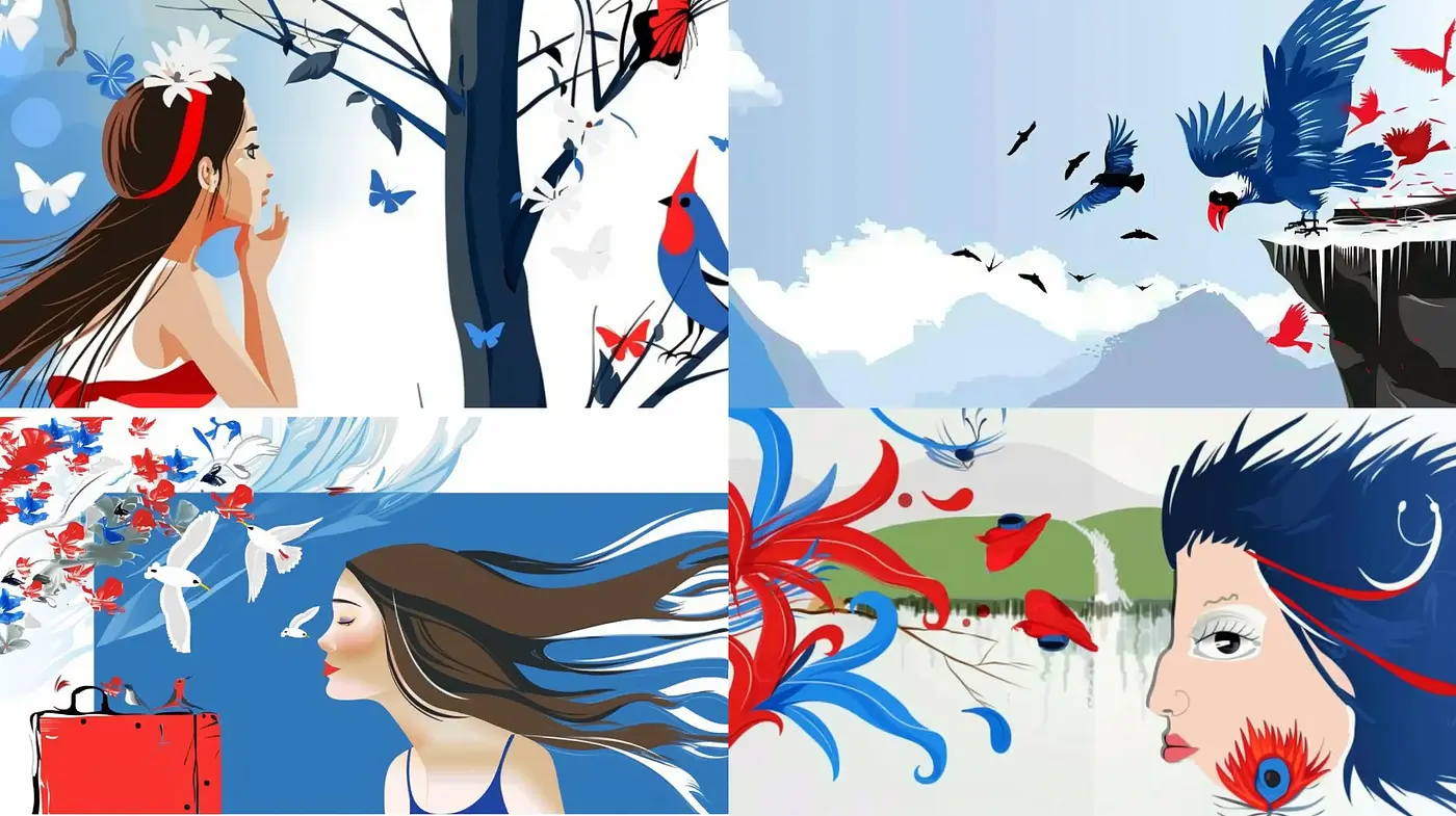 Dynamic Elegance in Nature's Embrace: A Vivid Harmony of Blue and Red - Midjourney sref style