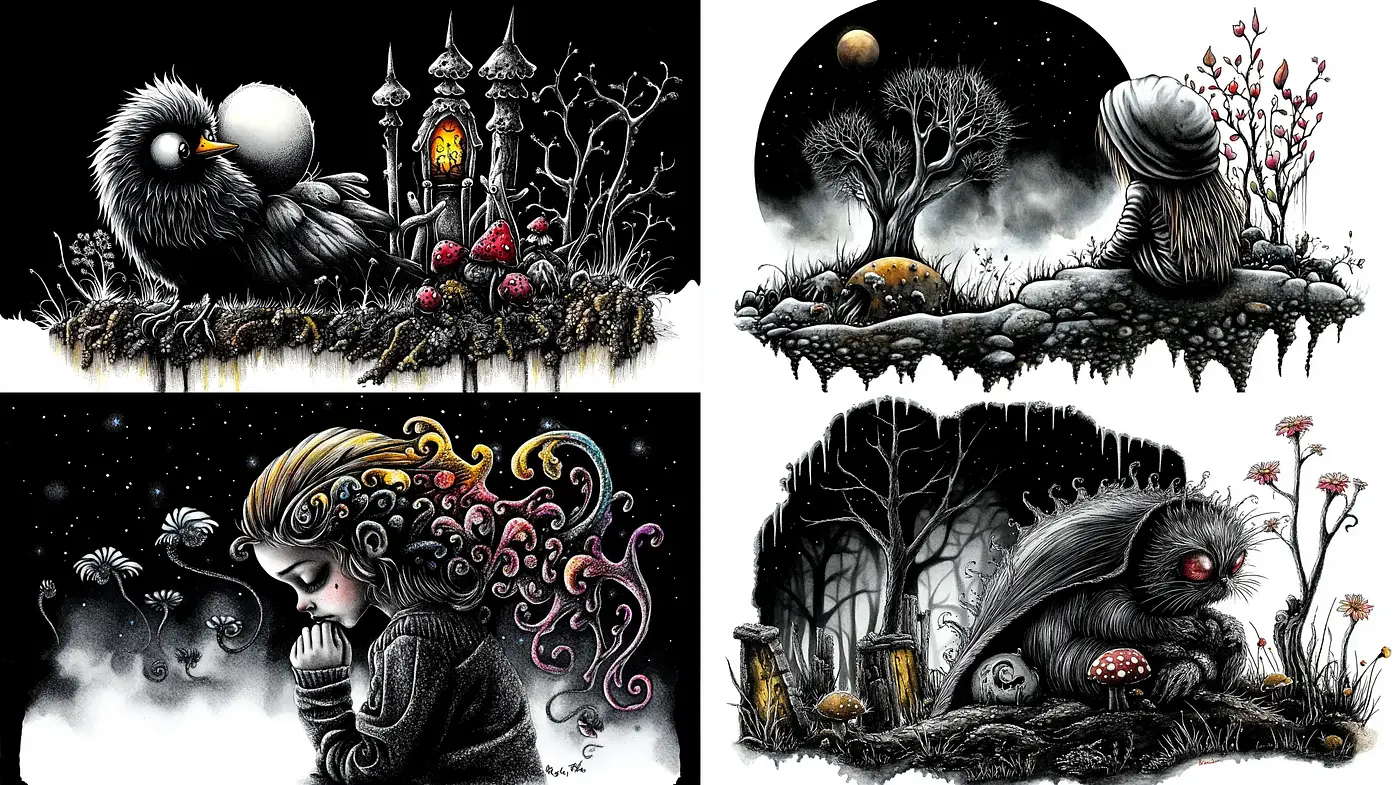 Ethereal Nocturnal Whimsy: A Fusion of Dark Fantasy and Stylized Natural Elements - Midjourney sref style