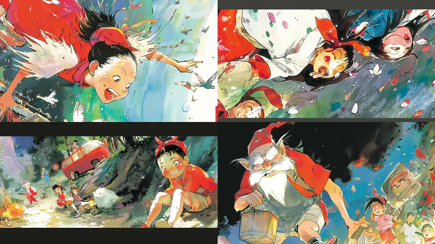 Energetic Brushwork and Whimsical Anime-Inspired Storybook Imagery - Midjourney sref style