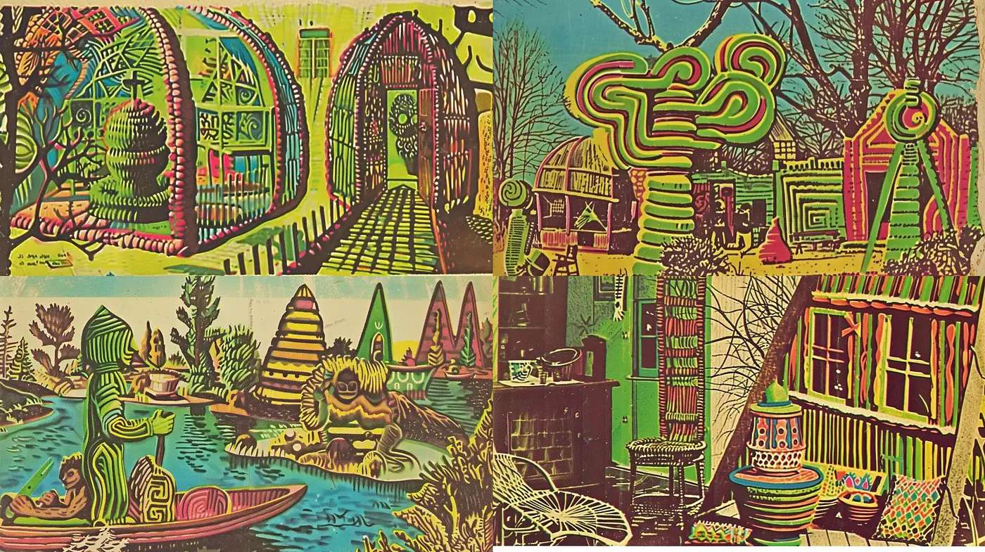 Psychedelic Dreamscapes: A Vivid Retro-Futuristic Spectrum - Midjourney sref style