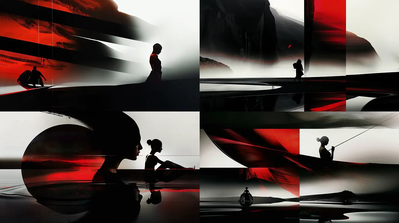 Ethereal Silhouette Contrast in Crimson and Noir - Midjourney sref style