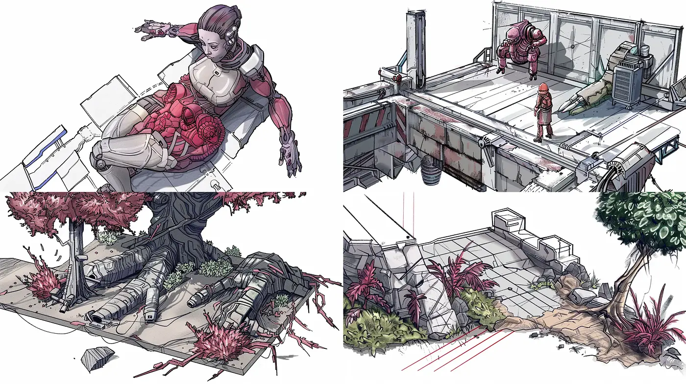 Futuristic Conceptual Illustration with a Sci-Fi Comic Essence - Midjourney sref style