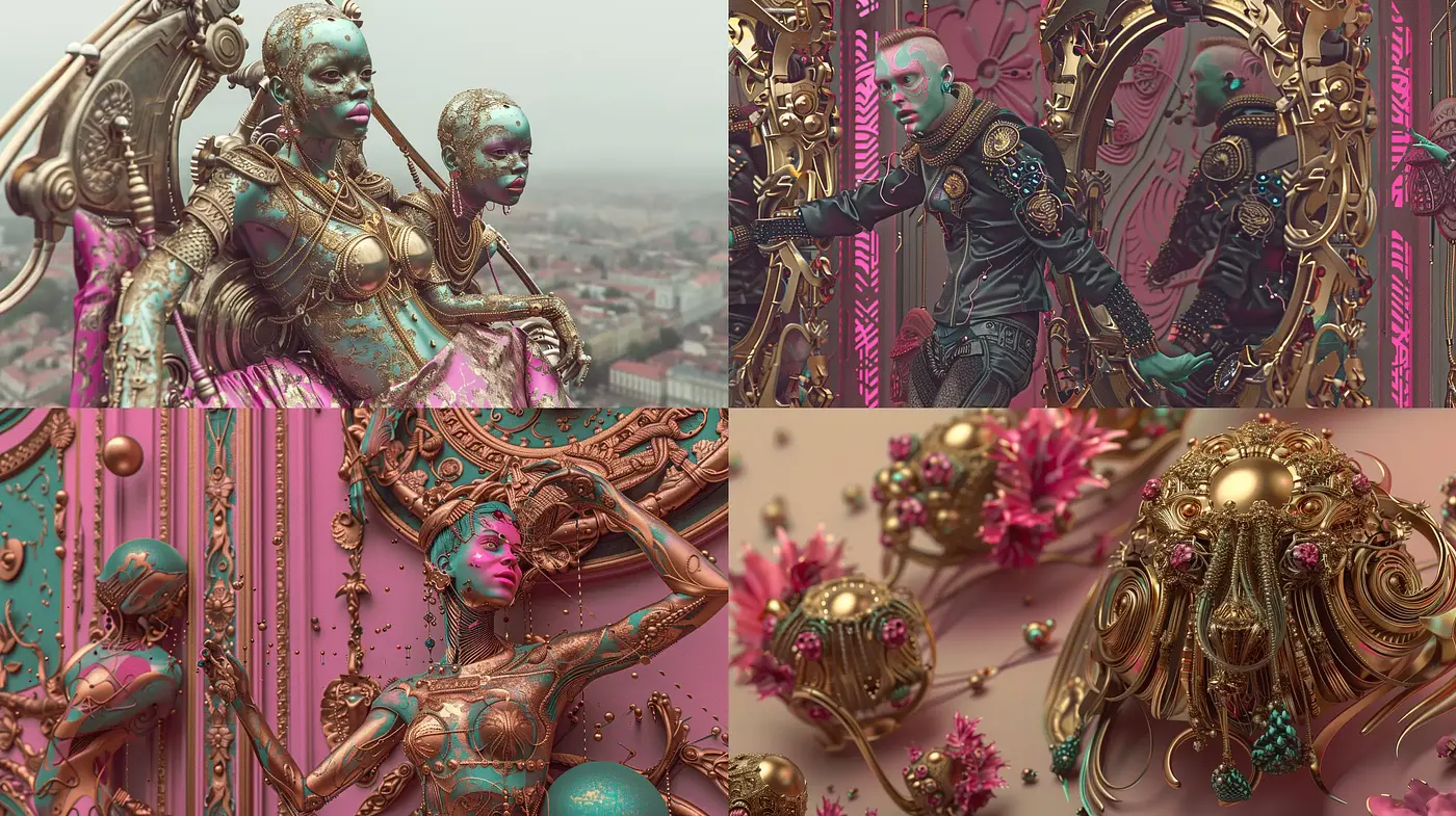Baroque Cybernetic Dreamscape: A Fusion of Ornate Opulence and Futuristic Vision - Midjourney sref style