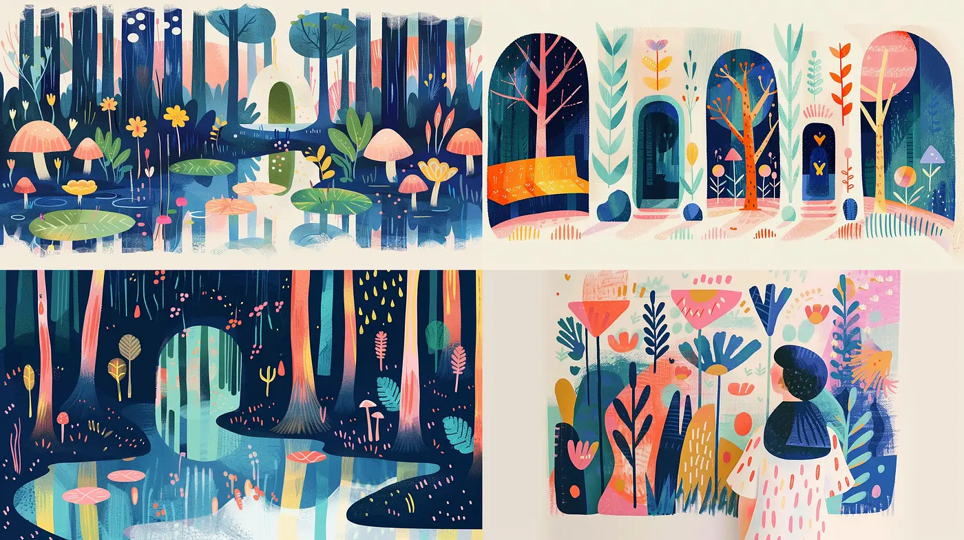 Enchanted Chromatic Woodlands: A Whimsical Fusion of Nature and Vibrant Hues - Midjourney sref style