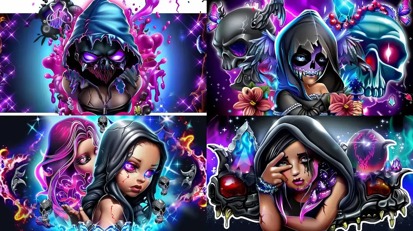 Neon Gothic Fantasy: An Iridescent Dance of Color and Darkness - Midjourney sref style