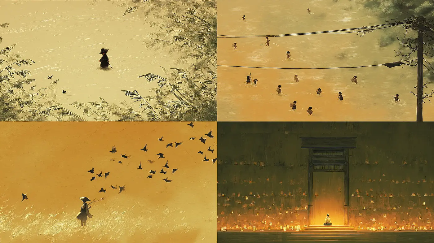 Consistent Elements in Stylized Imagery Featuring Ethereal Landscapes and Minimal Characters - Midjourney sref style