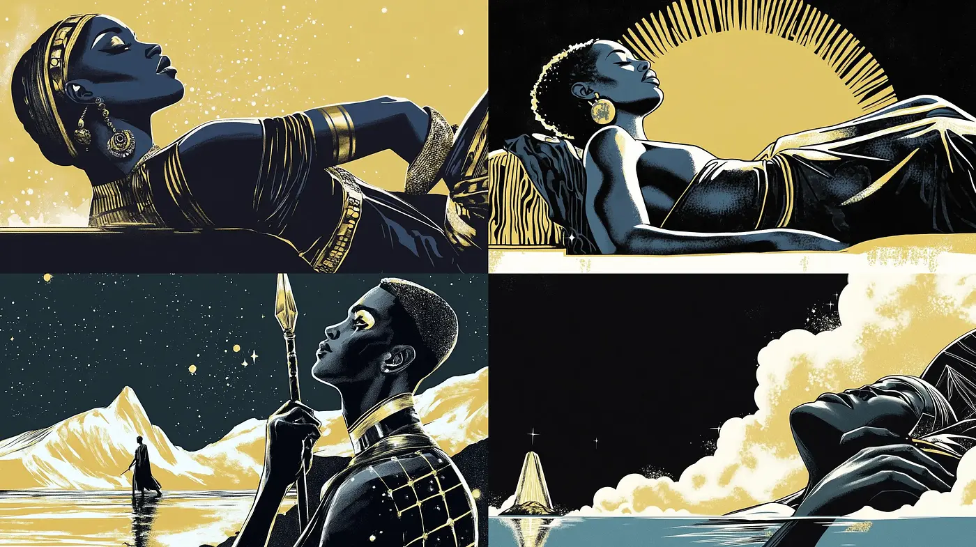 Noir-Inspired Art Deco Illustrations with a Celestial Twist - Midjourney sref style