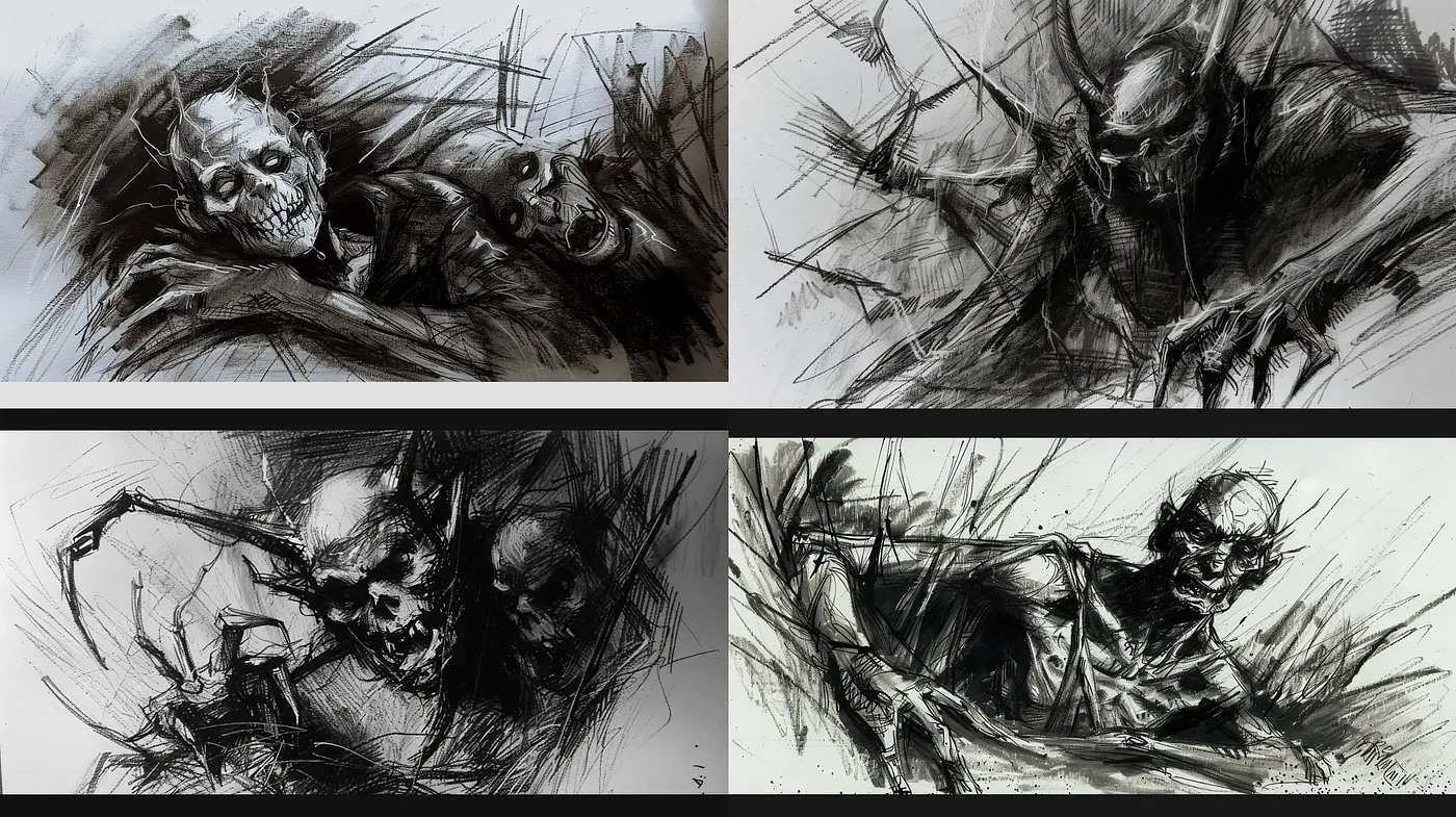 Gritty Monochromatic Sketches Evoking Dark Fantasy and Horror - Midjourney sref style