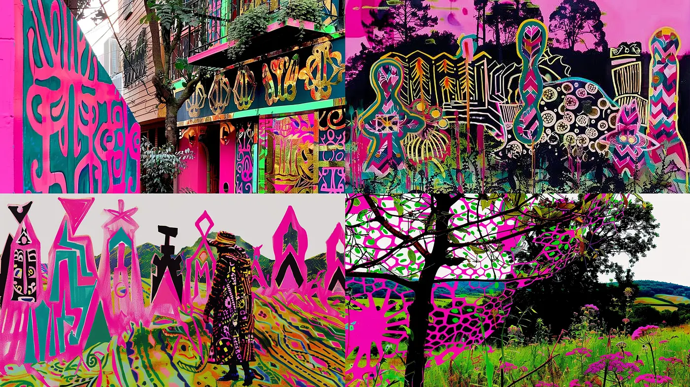 Vibrant Synesthetic Dreamscape in Vivid Pink and Gold - Midjourney sref style