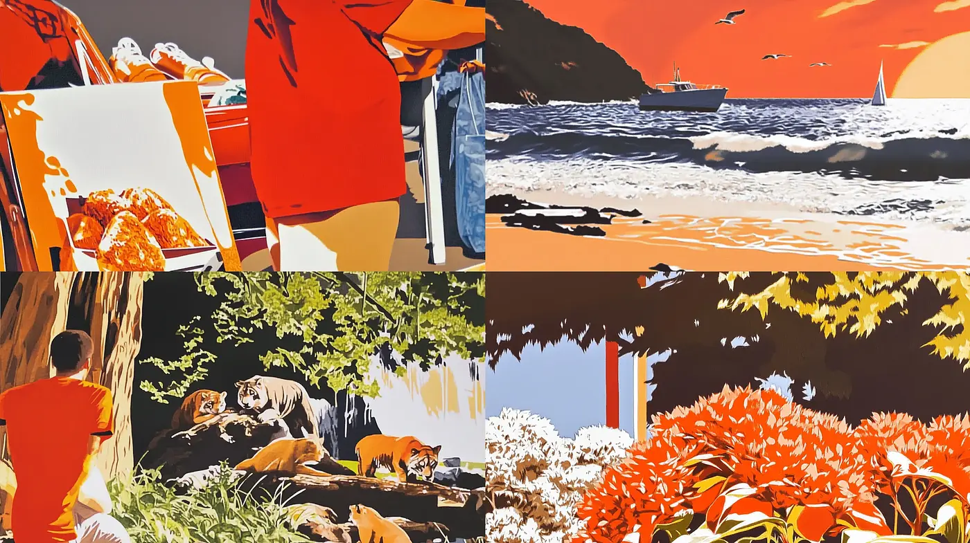 Harmonious Contrast of Vivid Tones with Stylized Natural Imagery - Midjourney sref style