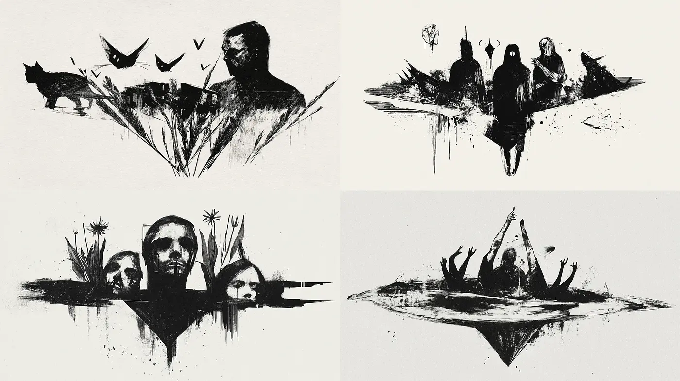 Monochromatic Silhouette Fusion with Expressionistic Undertones - Midjourney sref style