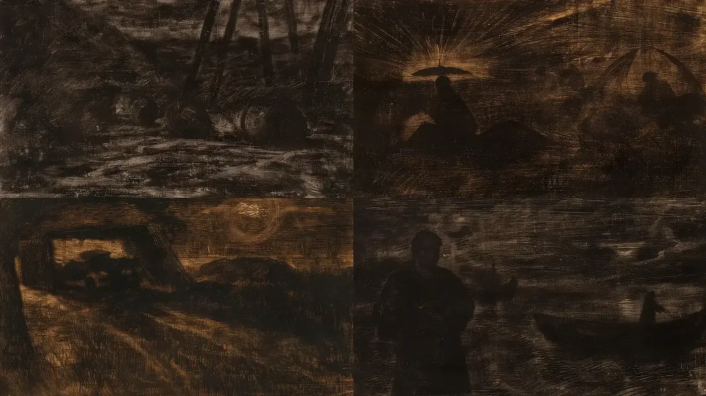 Dark and Textured Evocations of Human Experience - Midjourney sref style
