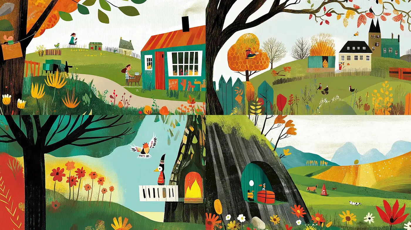 Whimsical Storybook Landscapes with Bold Colors and Simplified Shapes - Midjourney sref style