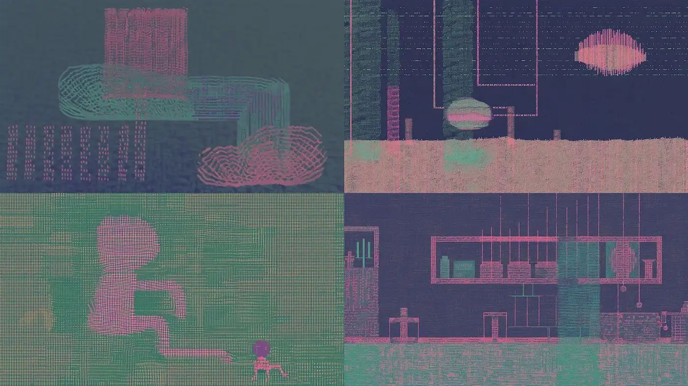 Explorative Blend of Retro Digital Aesthetics and Minimalist Geometric Forms - Midjourney sref style