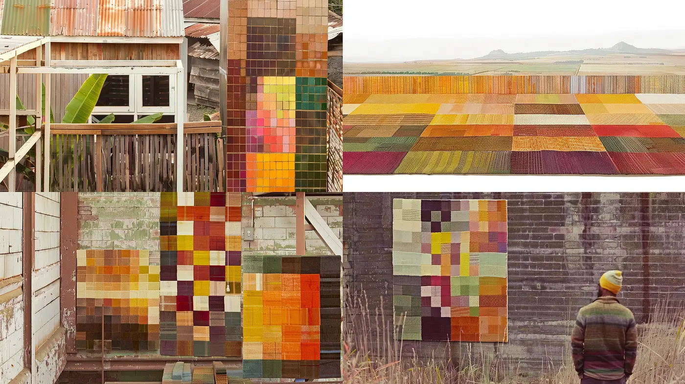Patchwork Harmony: A Stitched Mosaic of Earthy Tones and Textured Patterns - Midjourney sref style