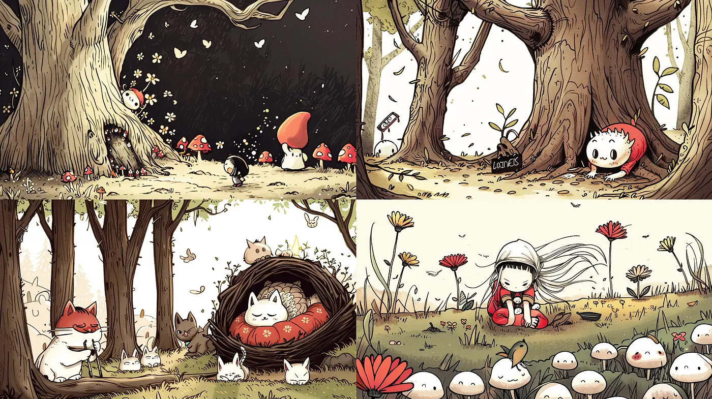 Whimsical Forest Narratives with Warm Tones and Organic Textures - Midjourney sref style