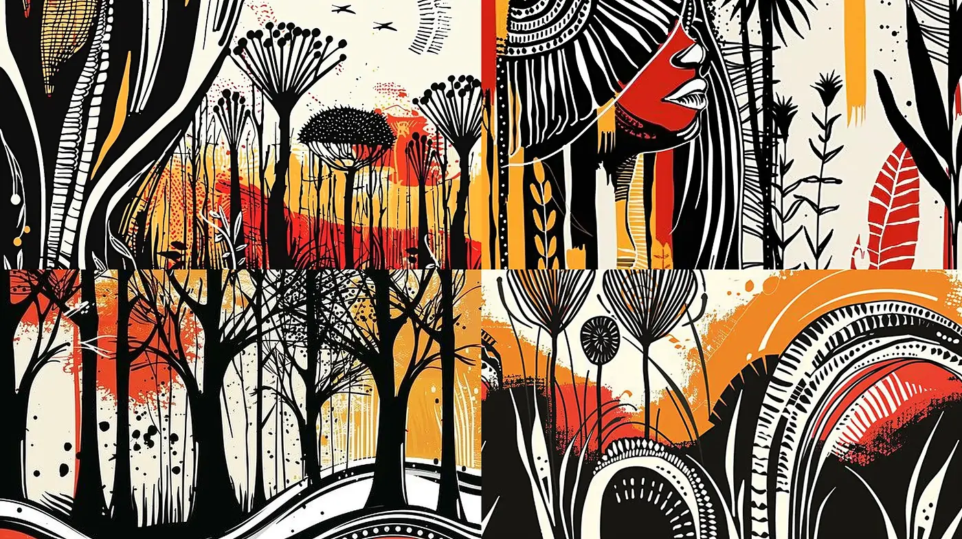 Abstract Botanicals in Stylized Contrast with A Retro Flair - Midjourney sref style