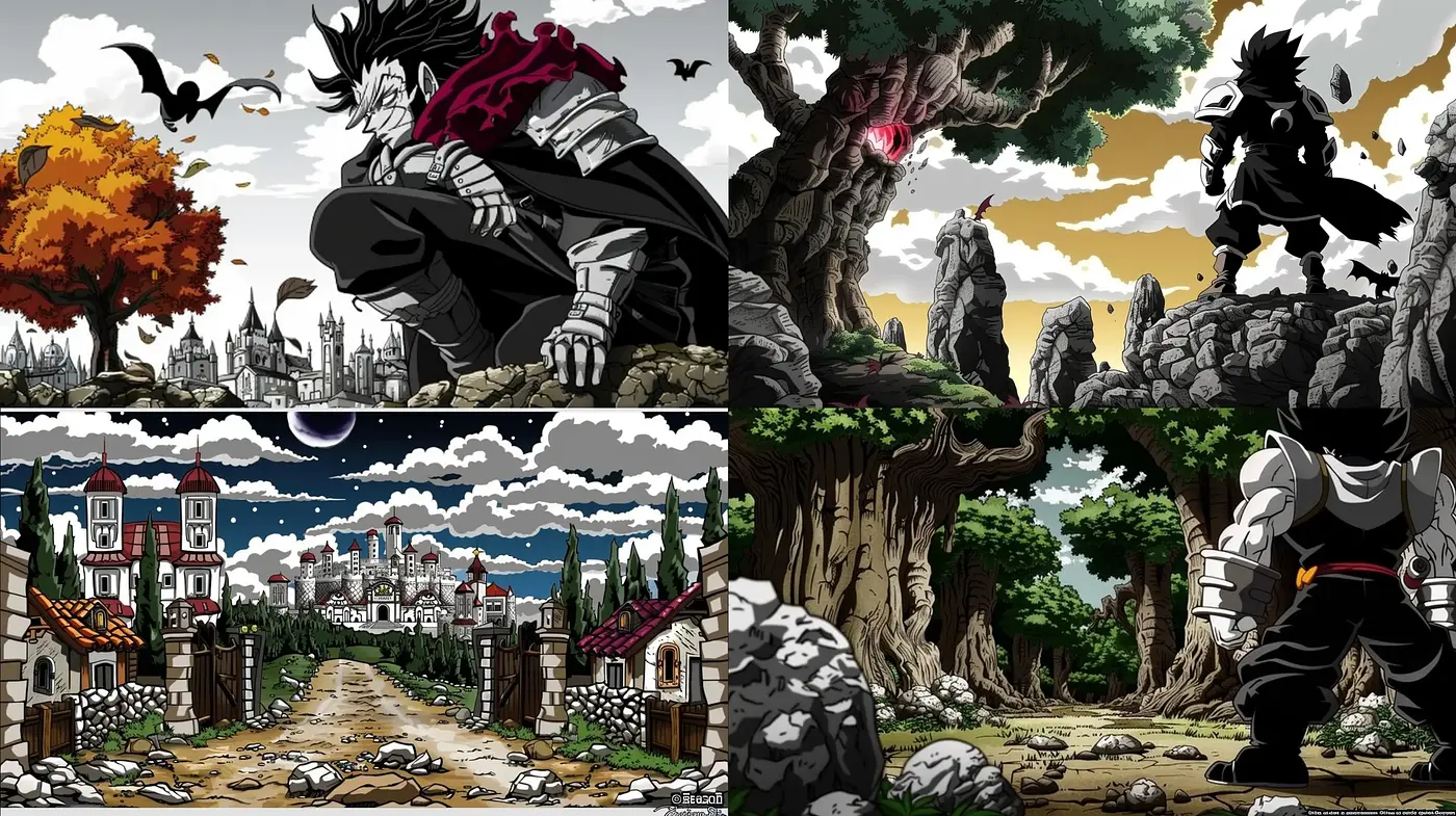 Monochrome Manga-Inspired Fantasy Panoramas with a Splash of Color - Midjourney sref style