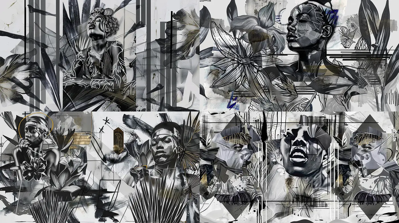Monochromatic Elegance Fused with Modern Abstract Expressionism - Midjourney sref style