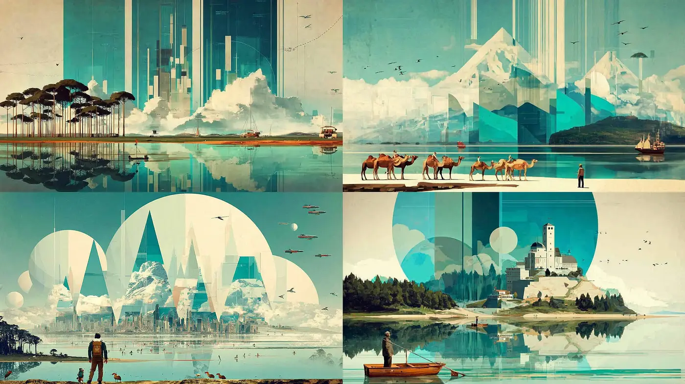 Surreal and Geometric Landscapes with a Retro Aesthetic - Midjourney sref style