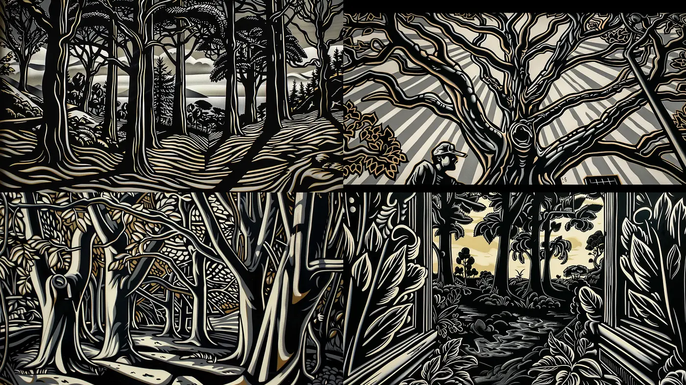 Stylized Noir Sylvan Etchings: A Homage to Nature in Monochromatic Intricacy - Midjourney sref style