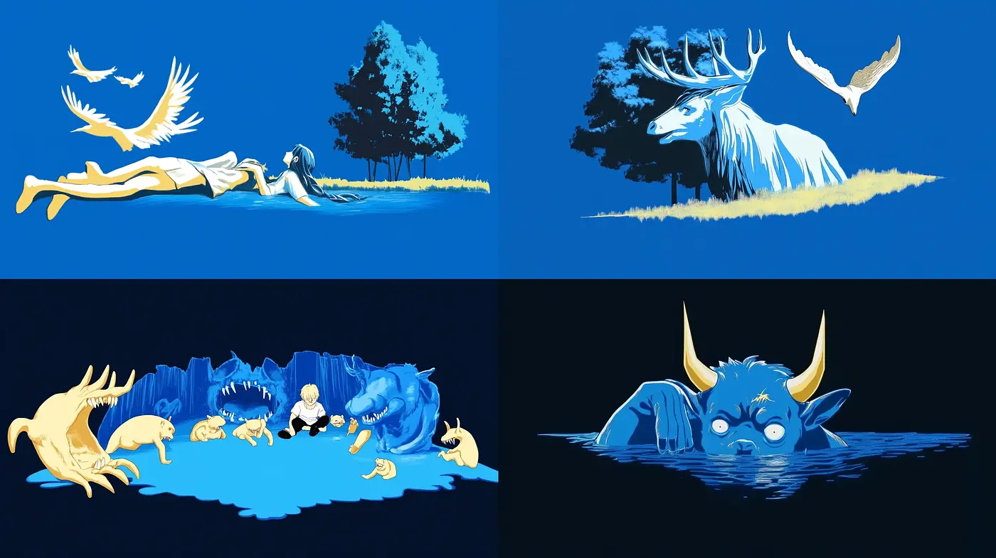 Blue Dreamscape with Stylized Nature and Animals - Midjourney sref style