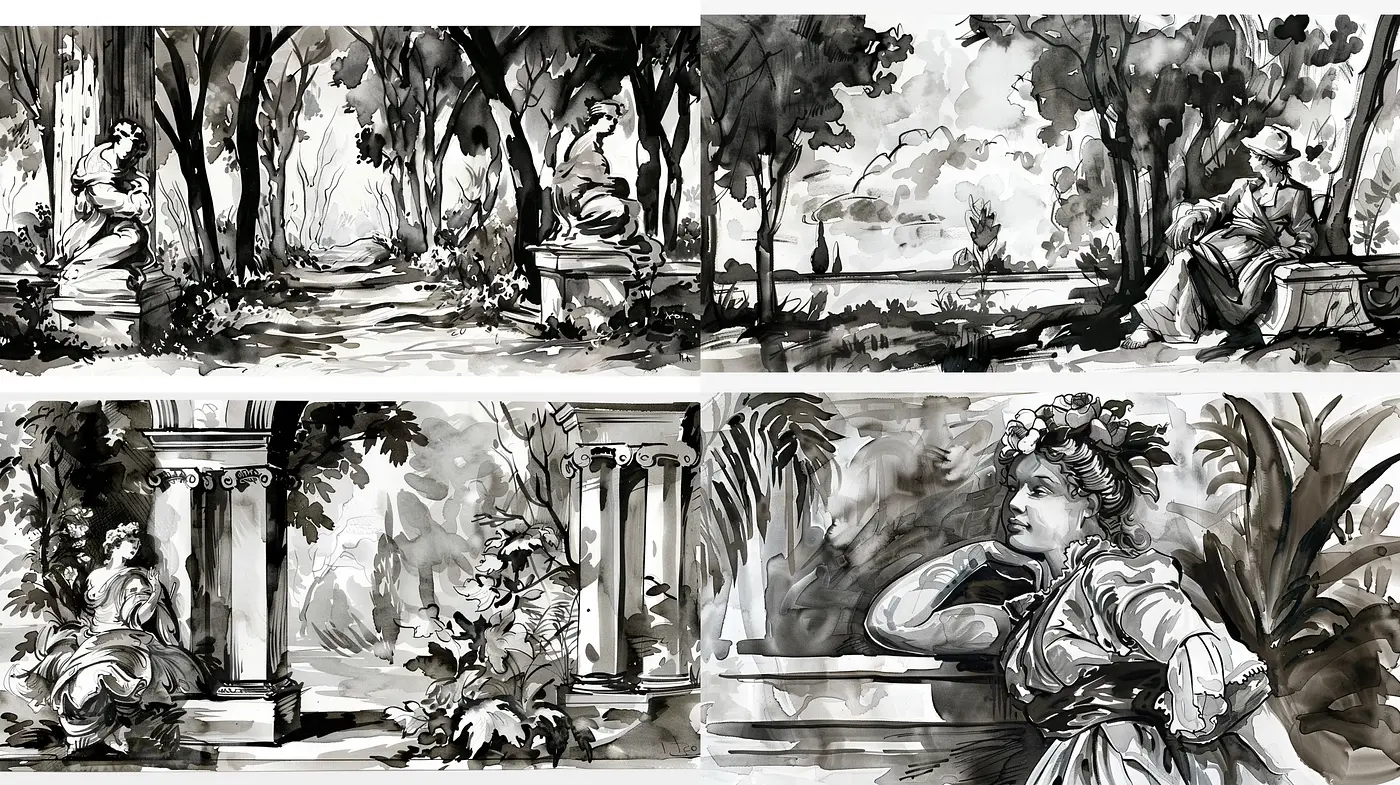 Monochromatic Ink Wash Garden Vistas - Midjourney sref style