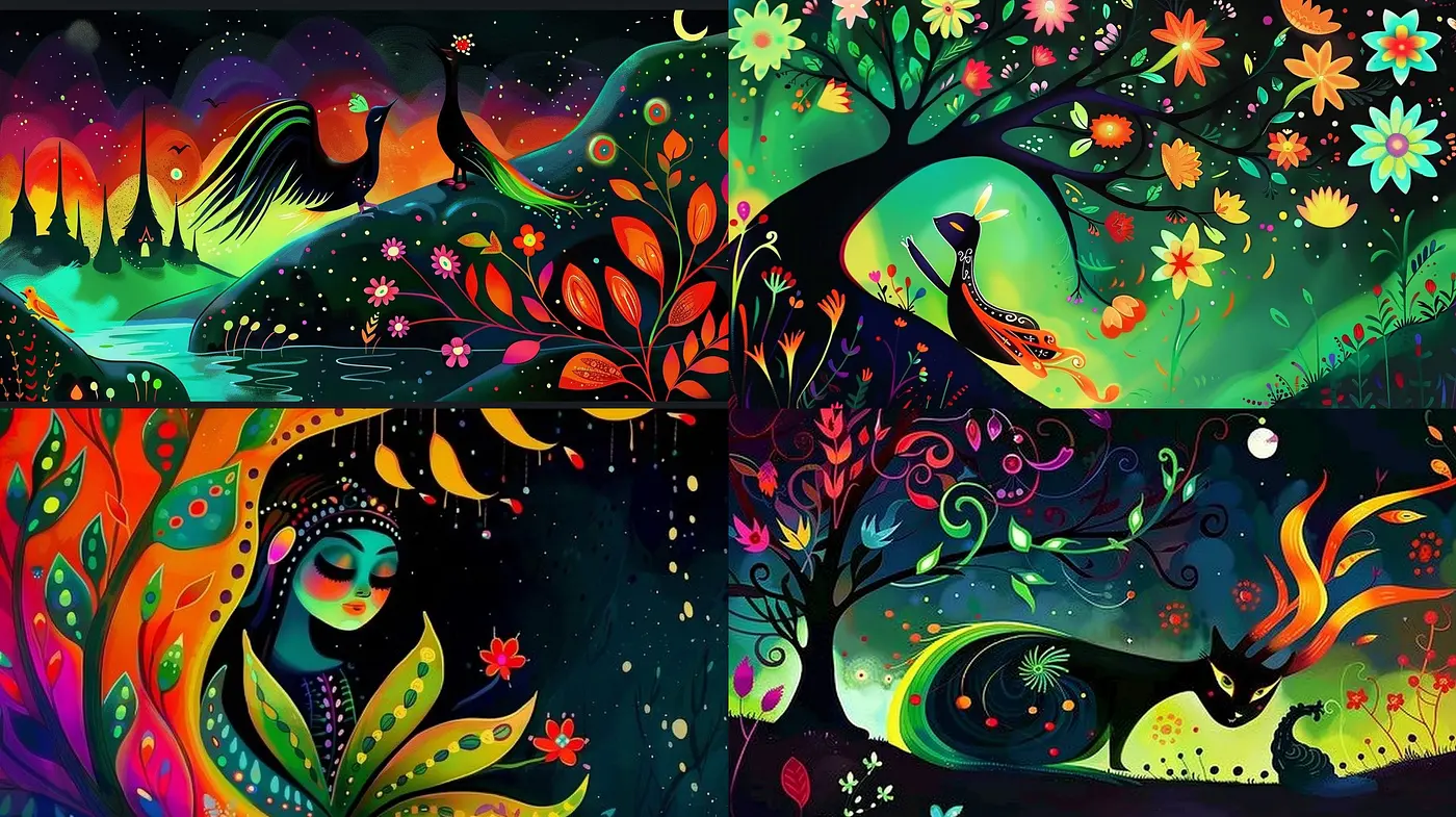 Whimsical Chromatic Fantasia: A Vivid Reimagining of Nature's Nocturne - Midjourney sref style