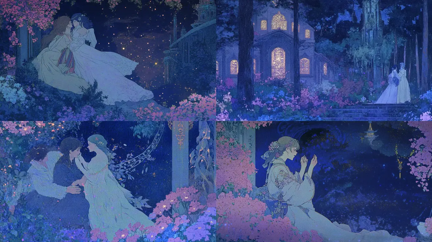 Ethereal Twilight Romance in a Luminous Impressionist Dreamscape - Midjourney sref style