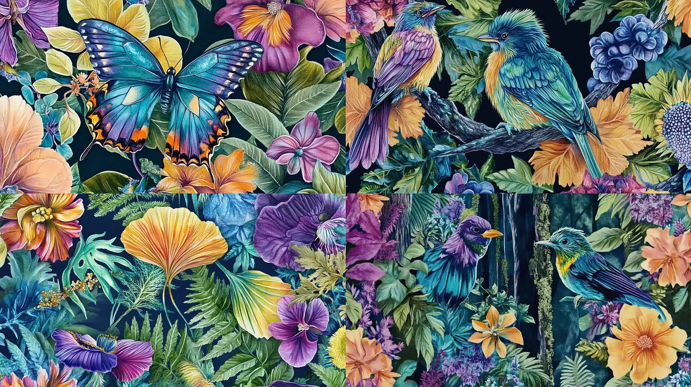 Lush Botanical Tapestry with Vibrant Fauna - Midjourney sref style