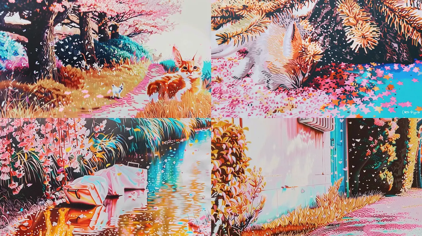 Synthetic Pastoral Dreamscapes: A Digital Tapestry of Vivid Hues and Textured Whimsy - Midjourney sref style