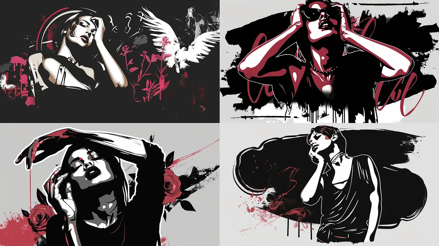 Stylized Noir Elegance with Expressive Red Accents - Midjourney sref style