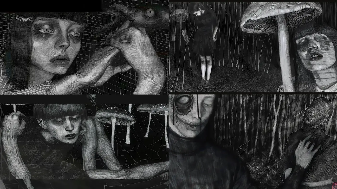 Dark, surrealistic imagery with an intricate, expressive style - Midjourney sref style