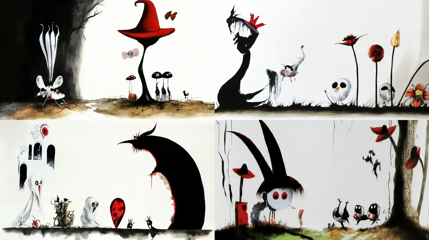 Surreal Whimsy in Monochrome and Splashes of Red - Midjourney sref style