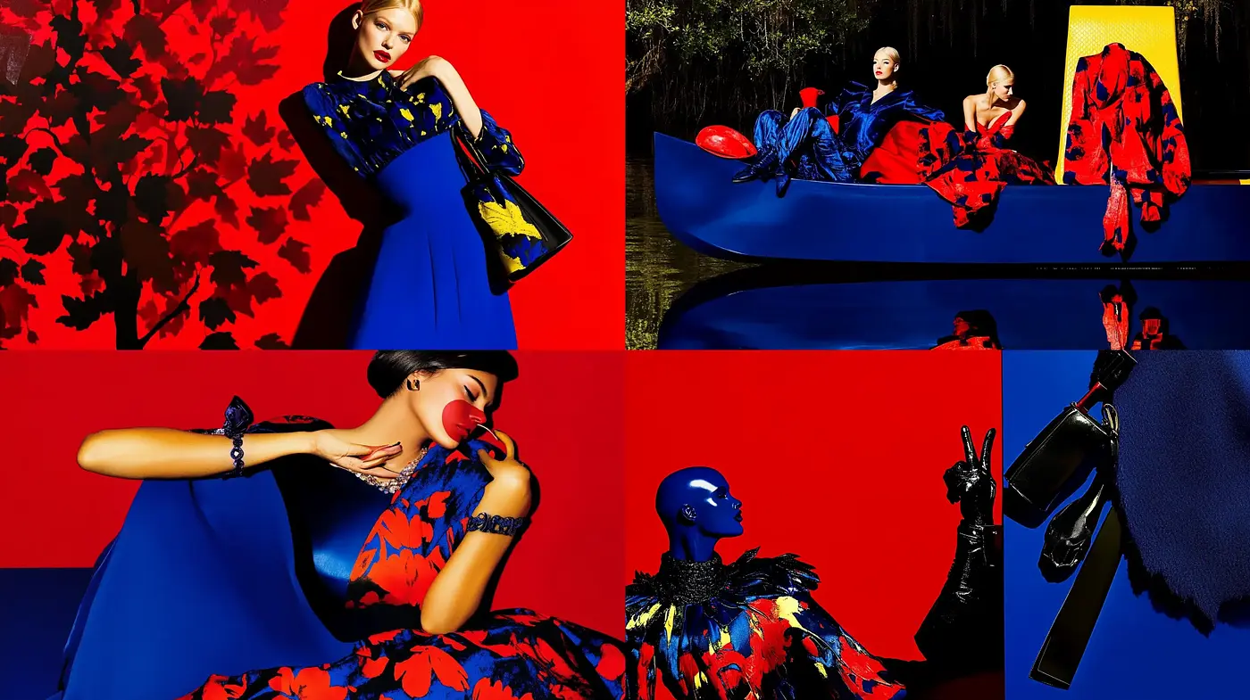 Vibrant Contrast in Fashion: A Bold Interplay of Red, Blue, and Black - Midjourney sref style