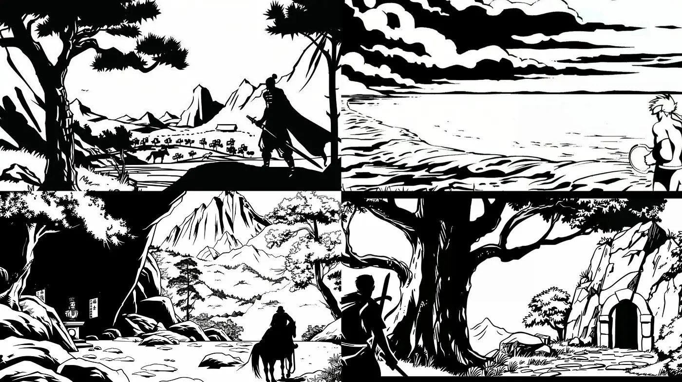 Monochrome Landscape Illustrations with a Timeless Graphic Novel Appeal - Midjourney sref style