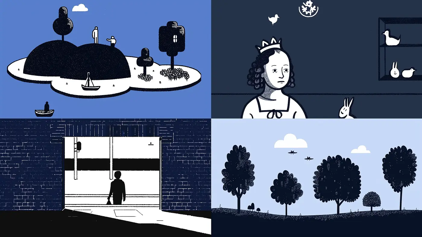 Midnight Hues and Simplified Forms: A Unified Exploration of Monochromatic Storytelling - Midjourney sref style