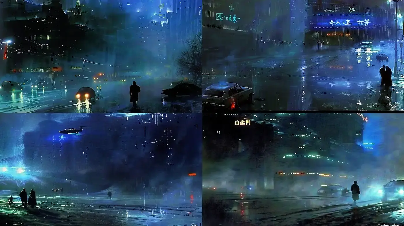Mysterious urban landscapes with a cinematic vibe - Midjourney sref style