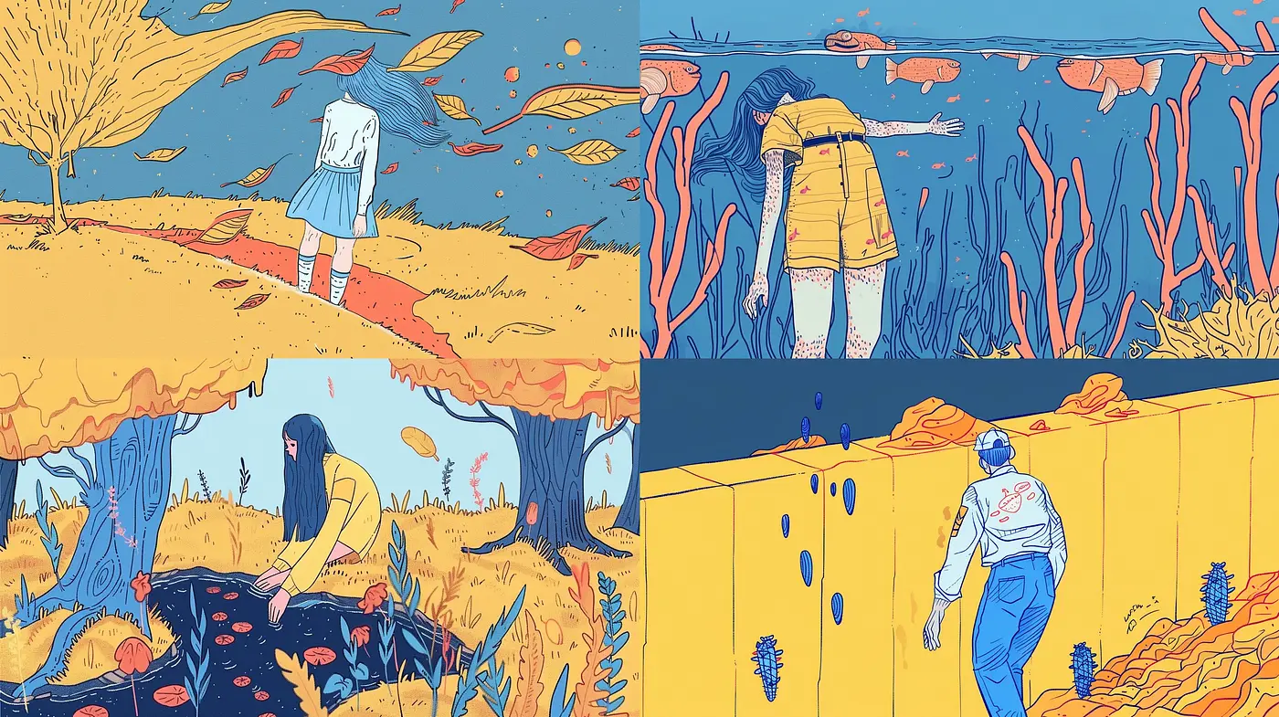 Consistent Hues of Melancholy and Contemplation in Stylized Illustrative Art - Midjourney sref style