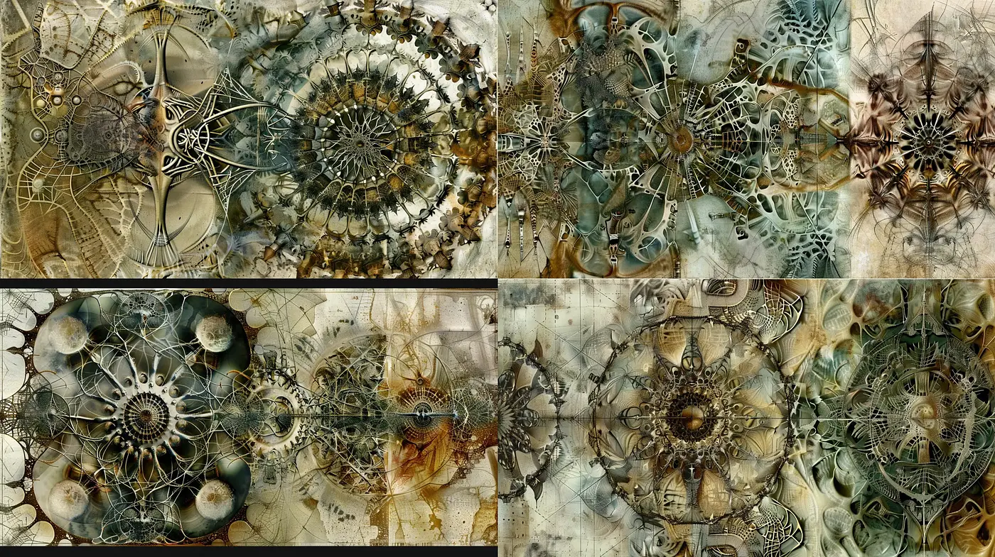 Steampunk Symmetry with Ethereal Overtones and Complex Mechanics - Midjourney sref style