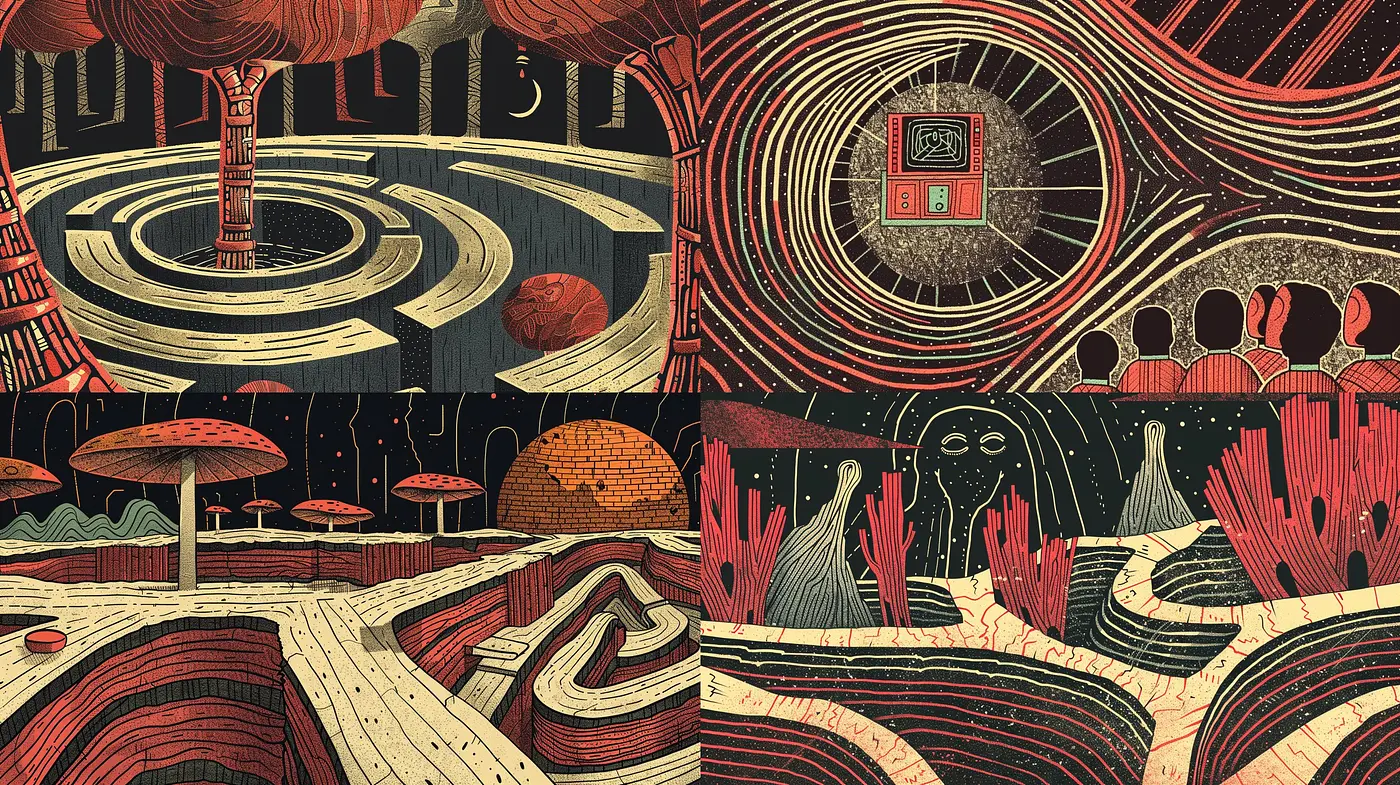 Surreal Cosmic Journey in Textured Red, Black, and Cream - Midjourney sref style
