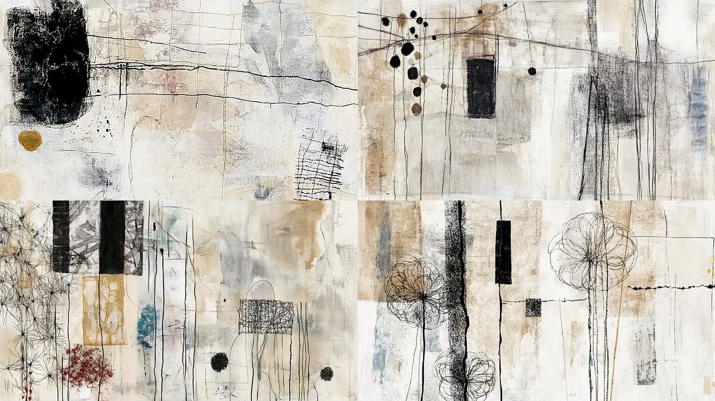 Abstract Textural Collage with Monochromatic Tones and Expressive Marks - Midjourney sref style