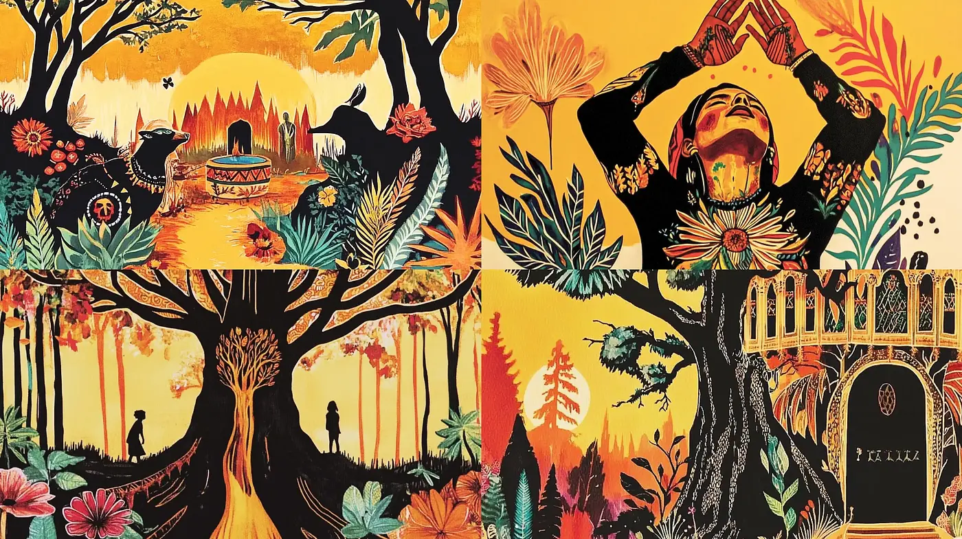 Exotic Botanical Silhouette Art in Vivid Sunset Tones - Midjourney sref style