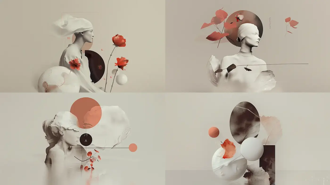 Elegant Surrealism with Minimalist Composition and Natural Elements - Midjourney sref style